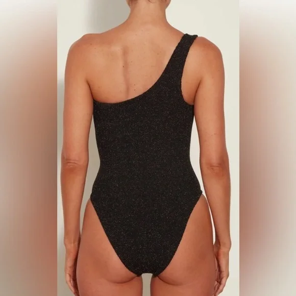 Hunza G Nancy Metallic One-Shoulder One-Piece Swimsuit Glittering Black OS NWT - Picture 9 of 15